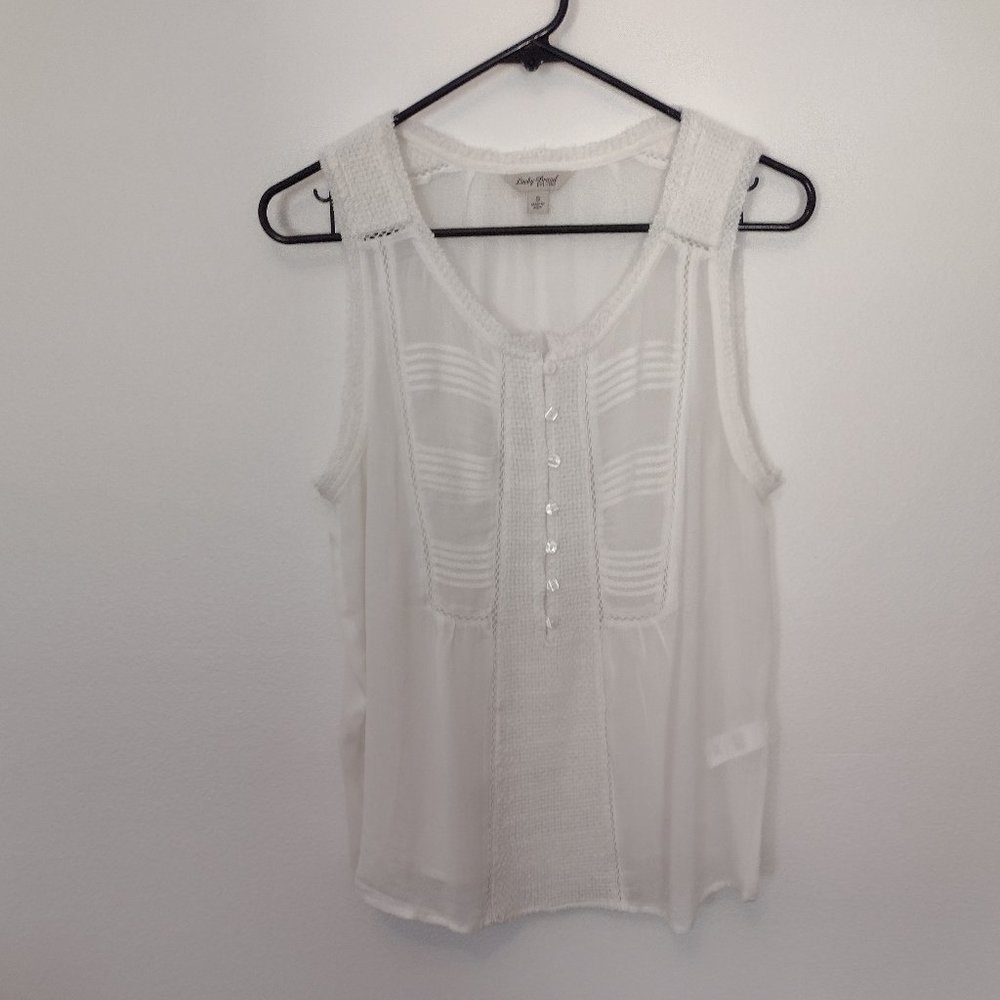 Lucky Brand Sheer button down Tank Top with crochet shoulders and front